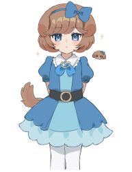 Rule 34 | 1girl, :&lt;, animal ears, arms behind back, belt, belt buckle, black belt, blue bow, blue bowtie, blue dress, blue eyes, blue gemstone, blue hairband, blush, bob cut, bow, bowtie, brooch, brown hair, buckle, character request, chibi, chibi inset, closed mouth, collared dress, copyright request, cowboy shot, delicious party precure, dog, dog ears, dog girl, dog tail, dress, dual persona, frilled dress, frills, gem, hair bow, hair ribbon, hairband, half-closed eyes, heart, heart brooch, highres, jewelry, looking at viewer, nemuiyoo00, pam-pam (precure), pam-pam (precure) (human), pantyhose, precure, puffy short sleeves, puffy sleeves, ribbon, short hair, short sleeves, solo, sparkle, standing, tail, v arms, white background, white pantyhose