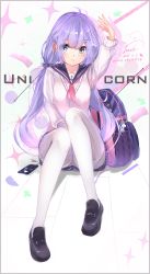 Rule 34 | 1girl, absurdres, azur lane, bag, black footwear, bow, cellphone, character name, dated, hair bow, hair ornament, hand up, highres, long hair, neckerchief, necktie, pantyhose, phone, pink neckerchief, purple eyes, purple hair, school uniform, shoes, sitting, sitting on lap, sitting on person, smartphone, solo, speech bubble, sweater, teratsuki, thighhighs, unicorn (azur lane), unicorn (long-awaited date) (azur lane), white pantyhose, white sweater