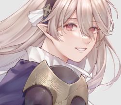 Rule 34 | 1girl, ai tkkm, blue cape, cape, corrin (female) (fire emblem), corrin (fire emblem), fire emblem, fire emblem fates, grey background, grey hair, grin, hairband, long hair, looking at viewer, looking back, nintendo, pointy ears, portrait, red eyes, simple background, smile, solo