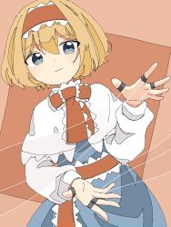 Rule 34 | 1girl, alice margatroid, belt, blonde hair, blue dress, blue eyes, blush, brown background, capelet, closed mouth, dress, frills, hair between eyes, hairband, hands up, highres, iroha-kuro, long sleeves, looking at viewer, necktie, puffy long sleeves, puffy sleeves, red background, red belt, red hairband, red necktie, shirt, short hair, solo, touhou, white shirt