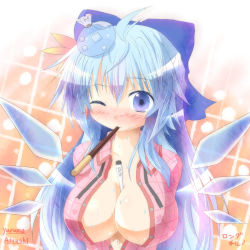 Rule 34 | 1girl, :3, aged up, alternate breast size, alternate hair length, alternate hairstyle, artist name, between breasts, blue eyes, blue hair, blush, bow, breasts, cirno, food, hair bow, ice, ice wings, large breasts, long hair, looking at viewer, matching hair/eyes, mouth hold, one eye closed, pajamas, pocky, sick, solo, thermometer, touhou, upper body, wings, wink, yurume atsushi