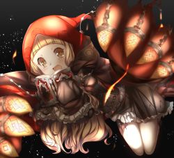 Rule 34 | 1girl, bare legs, black background, blonde hair, blunt bangs, blush, book, brown dress, chain, claws, dress, holding, holding book, hood, hood up, hoodie, long hair, long sleeves, looking at viewer, open book, open mouth, red hoodie, red riding hood (sinoalice), short dress, simple background, sinoalice, sleeves past fingers, sleeves past wrists, solo, yamai fake, yellow eyes