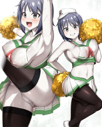 Rule 34 | absurdres, arm up, armpits, black eyes, black legwear, blue hair, blush, bouncing breasts, breasts, cheerleader, collarbone, colored skin, commentary request, cookie (touhou), covered erect nipples, flat cap, hat, highres, lactation, medium breasts, midriff, milk (cookie), murasa minamitsu, navel, nipples, open mouth, panties, pom pom (cheerleading), see-through, shirt, sideboob, sinzen, skirt, smile, sweat, thighhighs, underwear, wet, wet clothes, wet shirt, white background, white panties, white skin