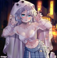 Rule 34 | 1girl, absurdres, armpits, arms up, bare shoulders, black nails, blue eyes, breasts, choker, claw pose, collarbone, eyeball, fang, ghost earrings, grey skirt, hair ornament, hairpin, halloween, highres, hood, jewelry, leg up, long sleeves, medium breasts, midriff, mole, mole under mouth, multicolored nails, nail polish, navel, off-shoulder shirt, off shoulder, open mouth, original, outdoors, plaid, plaid skirt, puffy sleeves, ring, see-through, shirt, short hair, skin fang, skirt, tied shirt, vitaminechan, white footwear, white hair, white shirt, x hair ornament