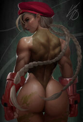 Rule 34 | 1girl, ass, beret, blonde hair, blue eyes, bodypaint, braid, cammy white, fingerless gloves, from behind, gauntlets, gloves, hat, ickpot, leotard, looking at viewer, looking back, muscular, muscular back, muscular female, red beret, red hat, solo, street fighter, thong leotard, twin braids