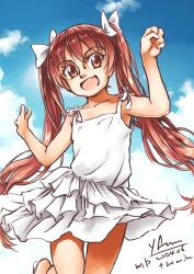 Rule 34 | 1girl, arimura yuu, blue sky, brown eyes, brown hair, cloud, commentary request, cowboy shot, dark skin, dress, fang, hat, highres, kantai collection, libeccio (kancolle), long hair, skin fang, sky, smile, solo, spaghetti strap, sundress, tan, twintails, white dress