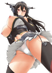 Rule 34 | 10s, 1girl, bare shoulders, black hair, black thighhighs, blush, breasts, elbow gloves, garter straps, gloves, headgear, kantai collection, kuimono, large breasts, long hair, looking at viewer, looking down, mikemono yuu, miniskirt, nagato (kancolle), nipples, panties, red eyes, simple background, skirt, solo, thighhighs, underwear, white background, white panties