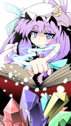 Rule 34 | 1girl, book, crescent, female focus, hat, long hair, patchouli knowledge, philosopher&#039;s stone, purple eyes, purple hair, solo, touhou