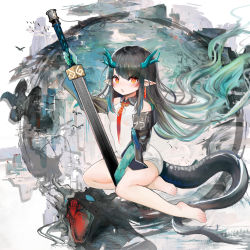 Rule 34 | 1girl, absurdres, aged down, arknights, bare legs, bare shoulders, barefoot, black hair, chinese commentary, commentary request, dress, dusk (arknights), highres, holding, holding sword, holding weapon, horns, kuroshiroemaki, long hair, looking at viewer, microdress, off shoulder, orange eyes, parted lips, pointy ears, sitting, sleeveless, sleeveless dress, solo, sword, tail, thighs, weapon, white dress, yokozuwari