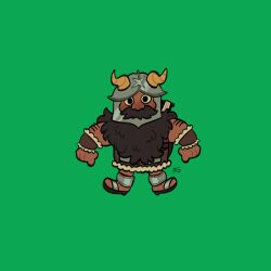 Rule 34 | 1boy, arms at sides, beard, blush, brown hair, chibi, clenched hands, dark-skinned male, dark skin, dungeon meshi, dwarf, facial hair, fake horns, full body, green background, helmet, highres, horned helmet, horns, long beard, looking at viewer, male focus, melonsharks, negative space, senshi (dungeon meshi), solo, sparse arm hair, straight-on, thick mustache, very long beard
