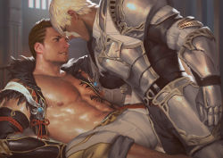 Rule 34 | 2boys, adventurer (ff14), armor, bara, bare pectorals, black hair, black jacket, chest tattoo, cropped jacket, dark-skinned male, dark skin, detached sleeves, eye contact, facepaint, facial hair, feather boa, final fantasy, final fantasy xiv, gauntlets, hyur, jacket, large pectorals, looking at another, lying, male focus, monk (final fantasy), multiple boys, muscular, muscular male, nipples, on back, open clothes, open jacket, pants, pants rolled up, parted lips, pauldrons, pectorals, penguin frontier, short hair, shoulder armor, sideburns, smile, sweat, tattoo, warrior of light (ff14), white hair, white pants, yaoi