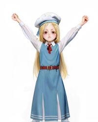 Rule 34 | 1girl, arms up, belt, belt buckle, blonde hair, blue dress, blush, buckle, clenched hands, closed mouth, collared shirt, dress, feet out of frame, hat, highres, long eyelashes, long hair, long sleeves, looking at viewer, mahou shoujo ni akogarete, morino korisu, neck ribbon, pinafore dress, red eyes, red ribbon, ribbon, sailor hat, shirt, simple background, sleeveless, sleeveless dress, solo, standing, straight-on, straight hair, sweetonedollar, white background, white hat, white shirt
