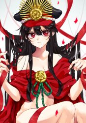 Rule 34 | 1girl, bad id, bad pixiv id, bare shoulders, black hair, black hat, breasts, cape, chain, cleavage, closed mouth, collarbone, family crest, fate/grand order, fate (series), hat, kanon (ikamiso), koha-ace, long hair, looking at viewer, medallion, medium breasts, naked cape, navel, oda nobunaga (fate), oda nobunaga (koha-ace), oda uri, off shoulder, peaked cap, petals, red cape, red eyes, red ribbon, ribbon, sidelocks, solo, thighs