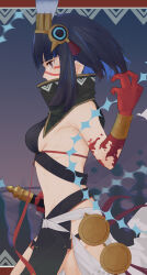 Rule 34 | 1girl, absurdres, bare shoulders, black hair, black skirt, blood, blood on hands, blue hair, bracer, breasts, colored inner hair, detached collar, facepaint, fate/grand order, fate (series), feathers, grey eyes, halterneck, headdress, high collar, highres, multicolored hair, pelvic curtain, profile, rorochan8394, sash, short hair, sidelocks, skirt, small breasts, solo, tassel, tenochtitlan (fate), tenochtitlan (first ascension) (fate), thighs, whip