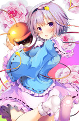 Rule 34 | 1girl, blue shirt, blush, bobby socks, commentary request, floral background, floral print, flower, frilled sleeves, frills, from side, hair ornament, hairband, heart, heart hair ornament, komeiji satori, leg lift, light purple hair, long sleeves, looking at viewer, looking back, masa (miyabitei), open mouth, pink background, pink flower, pink rose, pink skirt, purple eyes, rose, rose print, shirt, short hair, skirt, slippers, socks, solo, third eye, touhou, two-tone background, white background, white socks, wide sleeves
