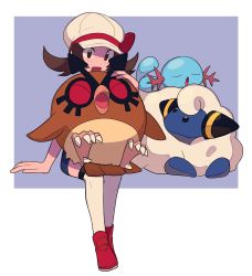 Rule 34 | 1girl, :d, arm support, blush, border, bow, brown eyes, brown hair, cabbie hat, creatures (company), game freak, gen 2 pokemon, grey background, hat, hat bow, highres, hoothoot, invisible chair, long hair, lyra (pokemon), mareep, nintendo, open mouth, pokemon, pokemon (creature), pokemon hgss, red bow, red footwear, shoes, sitting, smile, thighhighs, twintails, tyako 089, white border, white headwear, white thighhighs, wooper