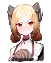 Rule 34 | 1girl, absurdres, arknights, beudelb, black choker, choker, demon girl, dress, eyes visible through hair, fang, highres, horns, ifrit (arknights), long hair, looking at viewer, platinum blonde hair, poncho, red eyes, simple background, solo, striped clothes, striped dress, twintails, vertical-striped clothes, vertical-striped dress, white background