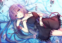 Rule 34 | 1girl, black dress, blue eyes, blue ribbon, breasts, cleavage, collarbone, dress, flower, frilled dress, frills, from above, hair flower, hair ornament, long hair, looking at viewer, lying, medium breasts, nyanyahinaichigo, off shoulder, on back, original, parted lips, purple flower, purple hair, red ribbon, ribbon, short dress, sleeveless, sleeveless dress, solo, very long hair, water surface, wrist ribbon