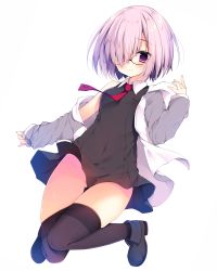Rule 34 | 1girl, black-framed eyewear, black dress, black footwear, black thighhighs, blush, boots, closed mouth, collared dress, commentary request, dress, fate/grand order, fate (series), full body, glasses, grey hoodie, hair between eyes, hair over one eye, hood, hoodie, izumiyuhina, long sleeves, mash kyrielight, necktie, no panties, off shoulder, open clothes, open hoodie, pinching sleeves, pink hair, purple eyes, red necktie, semi-rimless eyewear, short hair, simple background, sleeveless, sleeveless dress, sleeves past wrists, smile, solo, thighhighs, under-rim eyewear, white background