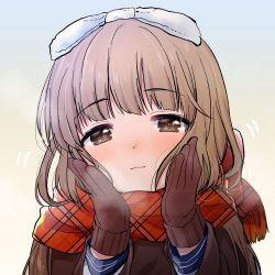 Rule 34 | 1girl, blunt bangs, blush, bow, brown hair, coat, full-face blush, gloves, hair bow, hands on own cheeks, hands on own face, idolmaster, idolmaster cinderella girls, looking at viewer, motion lines, oonishi nishio, patterned clothing, plaid, plaid scarf, red gloves, scarf, school uniform, solo, steam, upper body, yorita yoshino