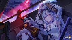 Rule 34 | 1other, 2girls, aged up, armpits, arms up, bare shoulders, blue hair, breasts, chinese commentary, cleavage cutout, clothing cutout, covered navel, detached sleeves, earrings, gloves, griseo, griseo (cosmic expression), highres, honkai (series), honkai impact 3rd, horns, jewelry, large breasts, light blue hair, logo, long hair, multiple girls, night, official art, official wallpaper, one-eyed, outdoors, purple eyes, robe, sitting, sky, upper body, white gloves, white hair, white sleeves