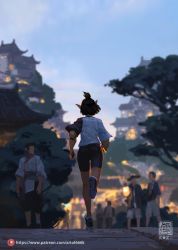 Rule 34 | 1girl, black hair, black shorts, day, from behind, highres, jogging, kan liu (666k), original, outdoors, people, pointy ears, shirt, shoes, short hair, shorts, solo focus, standing, tree, two-tone shirt, white shirt