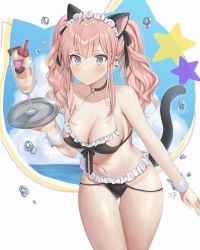 Rule 34 | 1girl, absurdres, animal ear fluff, animal ears, bare shoulders, bell, bikini, black bikini, black choker, blue eyes, blue sky, blush, breasts, cat ears, cat girl, cat tail, choker, cleavage, closed mouth, collarbone, cowboy shot, day, ear piercing, food, frilled bikini, frills, gluteal fold, highres, holding, holding plate, ice cream, jingle bell, large breasts, leaning forward, long hair, looking at viewer, maid, maid bikini, maid headdress, navel, original, oshage (osyage921), outdoors, outside border, piercing, pink hair, plate, sidelocks, signature, sky, solo, star (symbol), swimsuit, tail, thigh gap, twintails, unconventional maid, water drop, wavy mouth, wrist cuffs