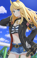 Rule 34 | 1girl, animal ears, bandeau, black choker, black jacket, blonde hair, blue eyes, blue sky, breasts, choker, cleavage, cloud, commentary, cowboy shot, cutoffs, day, denim, denim shorts, gloves, gold city (umamusume), hand on own hip, highres, horse ears, jacket, kurikurioekaki, long hair, long sleeves, looking at viewer, midriff, navel, open clothes, open jacket, outdoors, parted lips, shorts, sky, solo, standing, stomach, strapless, striped bandeau, tube top, umamusume, white gloves