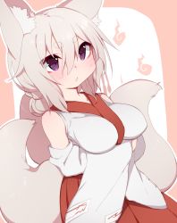 Rule 34 | animal ear fluff, animal ears, arms under breasts, bare shoulders, blonde hair, blush, breasts, cowboy shot, detached sleeves, fox ears, fox girl, fox tail, hair between eyes, highres, japanese clothes, large breasts, miko, mofuaki, multiple tails, pleated skirt, purple eyes, red skirt, short eyebrows, simple background, skirt, tail, wide sleeves