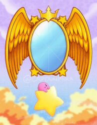 Rule 34 | blush stickers, captainpiika, dimension mirror, highres, kirby, kirby (series), kirby and the amazing mirror, looking up, nintendo, no humans, sky, solo, sparkle, star (symbol), twitter username, warp star, wings