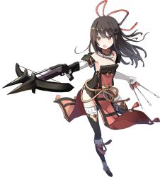 Rule 34 | &gt;:o, :o, arrow (projectile), bare shoulders, black hair, bowgun, detached sleeves, elbow gloves, full body, gloves, holding, holding weapon, isegawa yasutaka, long hair, official art, open mouth, oshiro project:re, oshiro project:re, quiver, red eyes, sidelocks, solo, thighhighs, transparent background, uchi (oshiro project), v-shaped eyebrows, weapon, white gloves