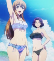 Rule 34 | 10s, 2girls, :d, arm at side, arm up, armpits, bare arms, bare legs, bare shoulders, bikini, black bikini, breasts, brown eyes, brown hair, c:, cleavage, clenched hand, closed mouth, cloud, collarbone, day, female focus, from below, grand blue, hair between eyes, hamaoka azusa, hand on own hip, happy, highres, kotegawa nanaka, large breasts, legs, long hair, looking at viewer, midriff, multiple girls, navel, neck, open mouth, outdoors, parted bangs, purple eyes, purple hair, round teeth, screencap, short hair, sidelocks, sky, smile, standing, strapless, strapless bikini, swimsuit, teeth, upper teeth only, white bikini