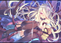 Rule 34 | 1girl, bare shoulders, black bow, black thighhighs, blonde hair, blush, bow, breast slip, breasts, breasts out, censored, choker, cum, detached sleeves, dress, empty eyes, frills, garter straps, hair over one eye, hat, hat ribbon, high heels, lao meng, large breasts, long hair, mosaic censoring, nipples, one breast out, over-kneehighs, pandora (p&amp;d), panties, partially undressed, pectorals, puffy short sleeves, puffy sleeves, purple background, purple dress, purple hat, pussy, pussy juice, puzzle &amp; dragons, red eyes, ribbon, short sleeves, smile, solo, tentacle sex, tentacles, thighhighs, tongue, tongue out, treasure chest, underwear, undressing, unworn panties, vaginal, white panties, white ribbon, zettai ryouiki