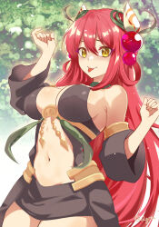 Rule 34 | 1girl, armpit crease, black dress, blush, breasts, cleavage, cowboy shot, detached sleeves, dress, duel monster, highres, large breasts, long hair, looking at viewer, lyrin (haireirei), midriff, miniskirt, navel, outdoors, red hair, sideboob, skirt, smile, solo, strapless, thighhighs, tongue, tongue out, traptrix allomerus, tree, very long hair, yellow eyes, yu-gi-oh!, zettai ryouiki