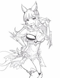 Rule 34 | 10s, 1girl, animal ears, breasts, cowboy shot, erune, granblue fantasy, greyscale, hand on own hip, holding, huge breasts, korwa, long hair, looking at viewer, monochrome, quill, simple background, smile, solo, white background, zaxwu