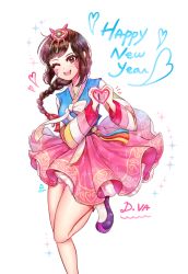Rule 34 | 1girl, ;d, alternate hairstyle, bad id, bad pixiv id, braid, breasts, brown eyes, brown hair, character name, commentary, cowboy shot, d.va (overwatch), dress, facepaint, facial mark, hair ornament, hanbok, happy new year, heart, heart hands, korean clothes, leg up, legs, long hair, long sleeves, looking at viewer, medium breasts, new year, official alternate costume, one eye closed, open mouth, overwatch, overwatch 1, ozzingo, palanquin d.va, pink skirt, rabbit hair ornament, simple background, skirt, smile, solo, sparkle, standing, standing on one leg, striped, striped sleeves, traditional clothes, whisker markings, white background
