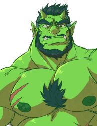 Rule 34 | 1boy, bara, beard, black hair, chest tuft, colored skin, earrings, facial hair, frown, green skin, horns, huge eyebrows, jewelry, juggermelon, large pectorals, male focus, mature male, monster boy, muscular, muscular male, mustache, nose piercing, nose ring, nude, oni, oni horns, orc, original, pectorals, piercing, pointy ears, sanpaku, scar, scar on chest, short hair, solo, thick neck, tusks, undercut, unnamed oni orc (juggermelon), upper body