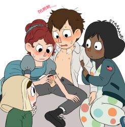 Rule 34 | 1boy, 3girls, beatrice (over the garden wall), black hair, blush, boots, brown hair, clinging, clown, curly hair, dark skin, dress, embarrassed, erection, freckles, group sex, gnome-no, jacket, lorna (over the garden wall), multiple girls, nipples, open clothes, open fly, open shirt, over the garden wall, pale skin, penis, polka dot, puffy short sleeves, puffy sleeves, red hair, sara (over the garden wall), shirt, short sleeves, sitting, spoilers, sweatdrop, wirt (over the garden wall)