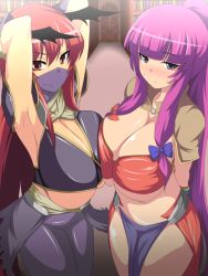 Rule 34 | 2girls, armpits, assassin (ragnarok online), assassin (ragnarok online) (cosplay), bad id, bad pixiv id, blush, bow, breast press, breasts, cleavage, cosplay, female focus, gigantic breasts, hair bow, huge breasts, koakuma, ky., long hair, mage (ragnarok online), mask, mouth mask, multiple girls, ninja mask, patchouli knowledge, pelvic curtain, purple eyes, purple hair, ragnarok online, red eyes, red hair, smile, sorcerer (ragnarok online), sorcerer (ragnarok online) (cosplay), sweat, touhou, underboob, very long hair