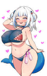 Rule 34 | 1girl, adapted costume, alternate breast size, arm behind head, bikini, blue bikini, blue eyes, blush, breasts, commentary request, condom, condom belt, fins, fish tail, gawr gura, gawr gura (1st costume), hair ornament, heart, heart-shaped pupils, highres, hololive, hololive english, huge breasts, kani bonara, looking at viewer, navel, open mouth, saliva, shark girl, shark hair ornament, shark tail, sharp teeth, simple background, skindentation, solo, sweat, swimsuit, symbol-shaped pupils, tail, teeth, two side up, used condom, virtual youtuber, white background, white hair