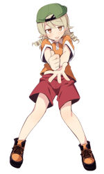 Rule 34 | 1girl, backwards hat, baseball cap, black footwear, blush, brown eyes, closed mouth, collared shirt, cosplay, cosplay request, full body, green hat, hat, head tilt, idolmaster, idolmaster cinderella girls, light brown hair, long hair, looking at viewer, morikubo nono, orange shirt, outstretched arms, polo shirt, red shorts, ringlets, shirt, shoes, short sleeves, shorts, simple background, solo, sweat, tongue, tongue out, uccow, white background