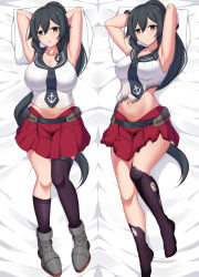 Rule 34 | 1girl, absurdres, anchor symbol, black hair, black necktie, black thighhighs, breasts, brown eyes, commission, dakimakura (medium), gloves, highres, kantai collection, large breasts, long hair, midriff, miniskirt, navel, necktie, pixiv commission, pleated skirt, ponytail, red skirt, sheita, shirt, sidelocks, single thighhigh, skirt, sleeveless, sleeveless shirt, thighhighs, torn clothes, torn legwear, torn shirt, torn skirt, white gloves, white shirt, yahagi (kancolle)