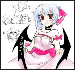 Rule 34 | 1girl, adapted costume, bat wings, dress, female focus, multiple views, partially colored, pointy ears, red eyes, remilia scarlet, simple background, solo focus, standing, touhou, watermark, web address, white background, wings