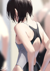 3girls black_hair blurry blurry_background breasts commentary_request competition_swimsuit from_behind jonsun misaki_(jonsun) multiple_girls one-piece_swimsuit original short_hair signature small_breasts solo_focus swimsuit wet wet_clothes wet_hair wet_swimsuit