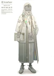 Rule 34 | 1other, alternate costume, alternate universe, ambiguous gender, arknights, coat, doctor (arknights), english text, full body, gloves, head-mounted display, highres, hood, hooded coat, hoodie, lab coat, long sleeves, norizc, open clothes, open coat, radio, rhine lab logo, shoes, simple background, solo, white background, white coat, white gloves
