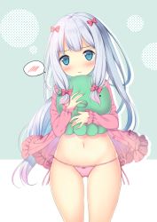 Rule 34 | 10s, 1girl, blue eyes, blush, bow, bow panties, cameltoe, closed mouth, commentary request, cowboy shot, embarrassed, eromanga sensei, hair bow, holding, holding stuffed toy, izumi sagiri, long hair, long sleeves, looking at viewer, navel, no pants, open clothes, pajamas, panties, pink bow, pink pajamas, pink panties, polka dot, shibainu niki, side-tie panties, sidelocks, silver hair, solo, spoken blush, standing, stuffed animal, stuffed toy, two-tone background, underwear, very long hair, wavy mouth