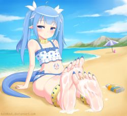 Rule 34 | 1girl, ahoge, artist request, ball, bare shoulders, barefoot, beach, beach umbrella, beachball, between toes, blue eyes, blue hair, blue nails, blue sky, blunt bangs, blush, character request, collar, commission, day, feet, foot focus, foreshortening, full body, jewelry, long toenails, looking at viewer, lotion, nail polish, naka (na0540507), navel, ocean, outdoors, pointy ears, sand, sharp toenails, shore, sitting, sky, soles, stomach, suggestive fluid, summer, sunscreen, swimsuit, tail, tattoo, toe ring, toenail polish, toenails, toes, twintails, umbrella, water