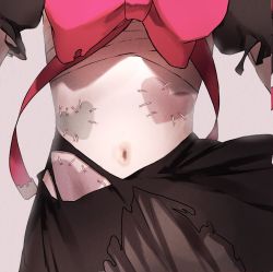 Rule 34 | 1girl, black skirt, bow, chest sarashi, colored skin, commentary, commission, grey skin, heart, highres, hololive, hololive indonesia, kureiji ollie, navel, navel focus, patchwork skin, red bow, sarashi, second-party source, short sleeves, simple background, skirt, solo, stitched torso, stitches, stomach, symbol-only commentary, tokoame, torn clothes, torn skirt, virtual youtuber