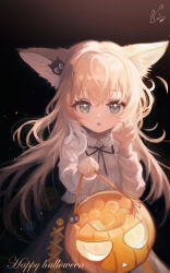 Rule 34 | 1girl, absurdres, alternate costume, animal ear fluff, animal ears, arknights, black ribbon, blonde hair, blue eyes, cat hair ornament, chinese commentary, claw pose, collared shirt, commentary request, cross-laced clothes, cross-laced skirt, cross-laced slit, fang, fox ears, fox girl, hair ornament, halloween, highres, long hair, long sleeves, looking at viewer, neck ribbon, open mouth, puffy long sleeves, puffy sleeves, qingye tuanzi, ribbon, shirt, skirt, solo, suzuran (arknights), white shirt