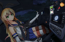 Rule 34 | 10s, 2girls, :&lt;, blonde hair, bow, car, car interior, cellphone, cigarette, cloud, commentary, copyright name, crop top, dark, driving, dutch angle, elbow gloves, frown, fubuki (kancolle), gloves, grey eyes, hair bow, headband, hill, kantai collection, logo, long hair, motor vehicle, multiple girls, neckerchief, night, phone, pleated skirt, rensouhou-chan, serious, shimakaze (kancolle), sitting, skirt, smartphone, striped clothes, striped legwear, striped thighhighs, thighhighs, tianyu jifeng, tree, volkswagen